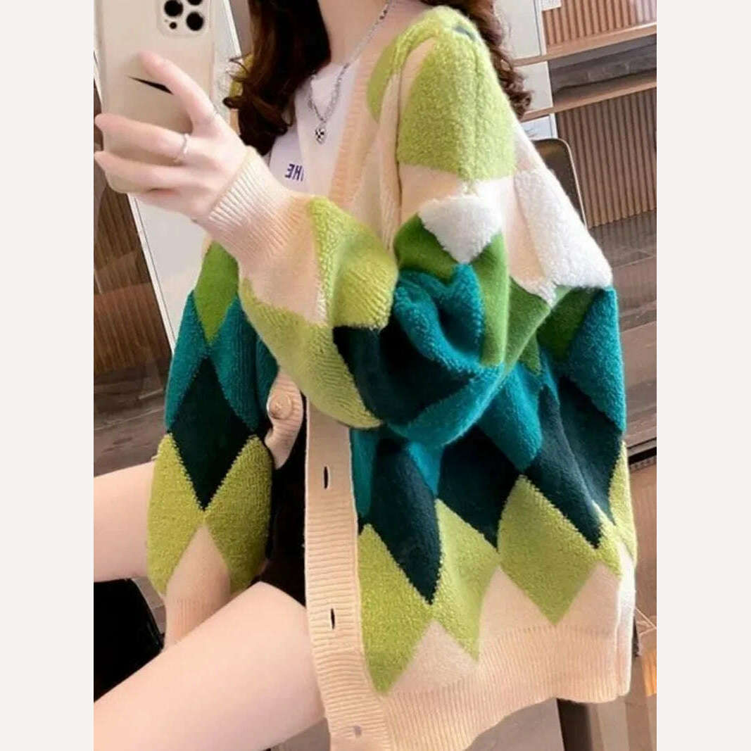 KIMLUD, Argyle Cardigan Women Knitted Sweater Loose Single Breasted Students V-neck Lovely Knitwear Korean Oversize Cardigan Winter Tops, KIMLUD Womens Clothes