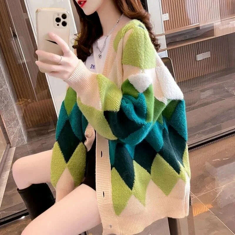 KIMLUD, Argyle Cardigan Women Knitted Sweater Loose Single Breasted Students V-neck Lovely Knitwear Korean Oversize Cardigan Winter Tops, Green / L, KIMLUD Womens Clothes