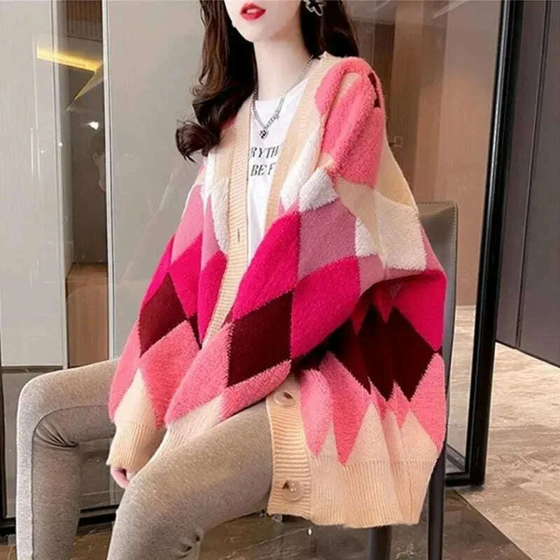 KIMLUD, Argyle Cardigan Women Knitted Sweater Loose Single Breasted Students V-neck Lovely Knitwear Korean Oversize Cardigan Winter Tops, Pink / L, KIMLUD Womens Clothes