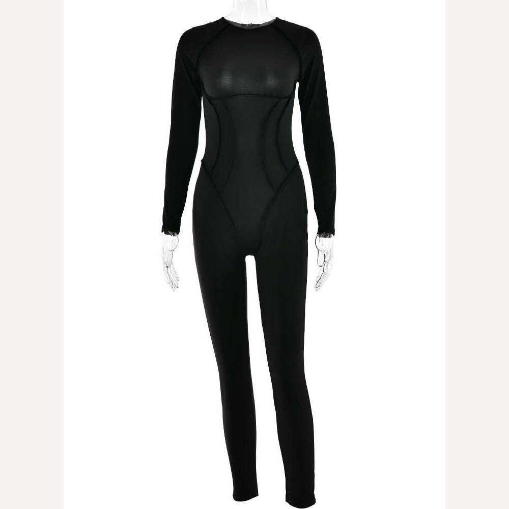 Articat Fashion Long Sleeve Elastic Skinny Jumpsuit For Women Button Hollow Out Open Back Bodysuit Casual Sports Fitness Rompers - KIMLUD