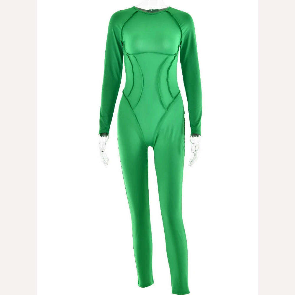 Articat Fashion Long Sleeve Elastic Skinny Jumpsuit For Women Button Hollow Out Open Back Bodysuit Casual Sports Fitness Rompers - KIMLUD