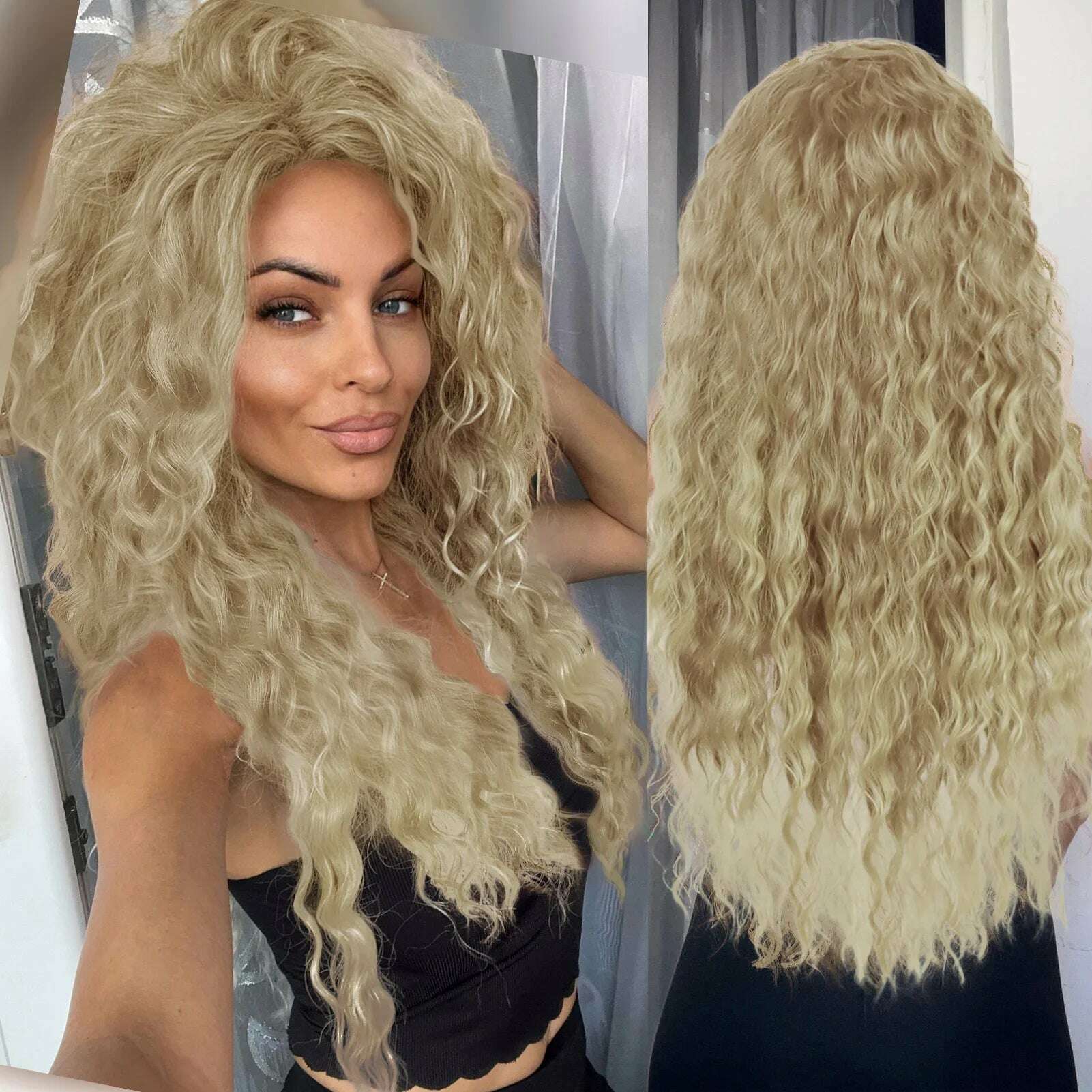 KIMLUD, Ash Blonde Curly Wig Synthetic Long Curly Hair Wigs for Women Fluffy Hairstyle Wave Ombre Wig Costume Carnival Party Regular Wig, 789-17 / 26inches, KIMLUD APPAREL - Womens Clothes