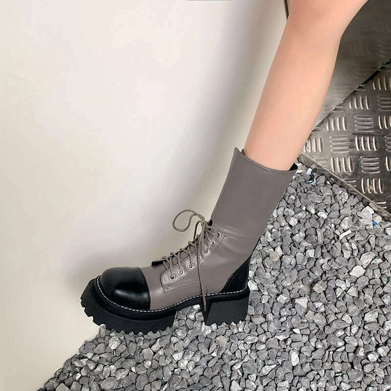 KIMLUD, ASUMER 2023 New Genuine Leather Mixed Colors Boots Woman Lace Up Winter Ladies Mid Calf Boots Thick High Heels Platform Shoes, KIMLUD Womens Clothes