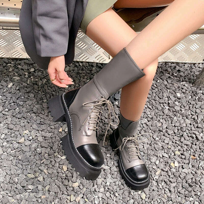 KIMLUD, ASUMER 2023 New Genuine Leather Mixed Colors Boots Woman Lace Up Winter Ladies Mid Calf Boots Thick High Heels Platform Shoes, KIMLUD Womens Clothes