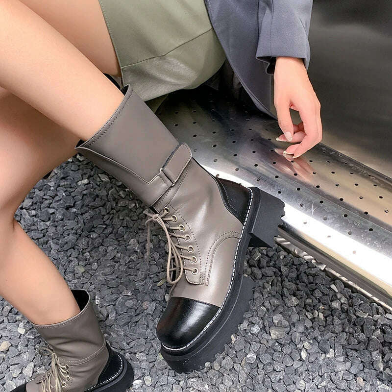 KIMLUD, ASUMER 2023 New Genuine Leather Mixed Colors Boots Woman Lace Up Winter Ladies Mid Calf Boots Thick High Heels Platform Shoes, KIMLUD Womens Clothes