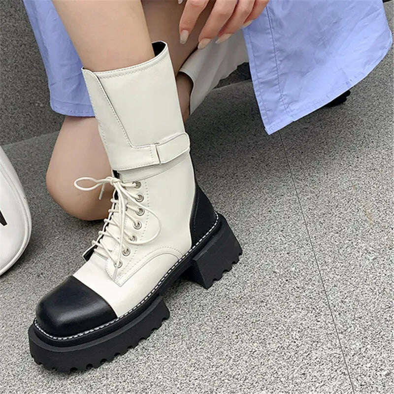 KIMLUD, ASUMER 2023 New Genuine Leather Mixed Colors Boots Woman Lace Up Winter Ladies Mid Calf Boots Thick High Heels Platform Shoes, KIMLUD Womens Clothes