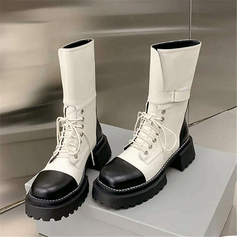 KIMLUD, ASUMER 2023 New Genuine Leather Mixed Colors Boots Woman Lace Up Winter Ladies Mid Calf Boots Thick High Heels Platform Shoes, KIMLUD Womens Clothes