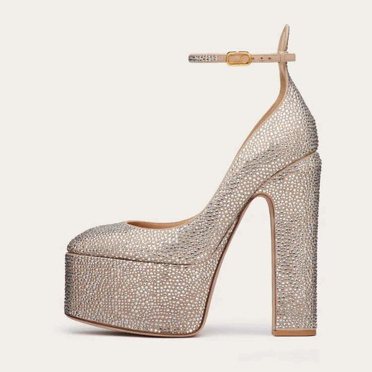 KIMLUD, Autumn Brand New Fashion Rhinestone Pumps for Woman Elegant Peep Toe Patent Platform Sandals Party Classics Big Size Shoes 43, Champagne 1 / 35, KIMLUD Womens Clothes