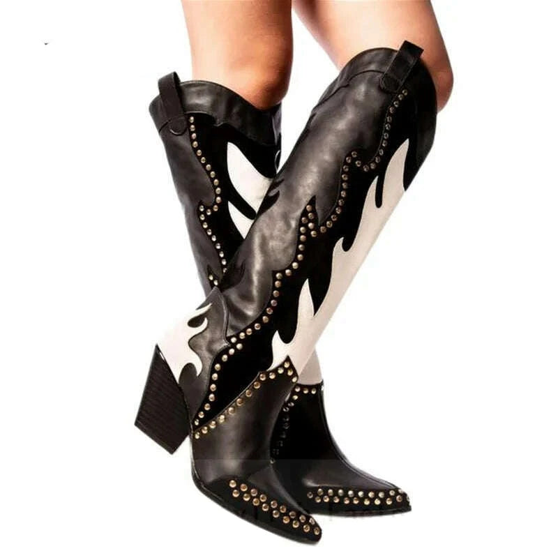 KIMLUD, Autumn Chunky Heels Studded Cowboy Boots Women Sexy Pointed Toe Knee High Boots Mixed Color Western Cowgirl Boots Botas De Mujer, KIMLUD Womens Clothes