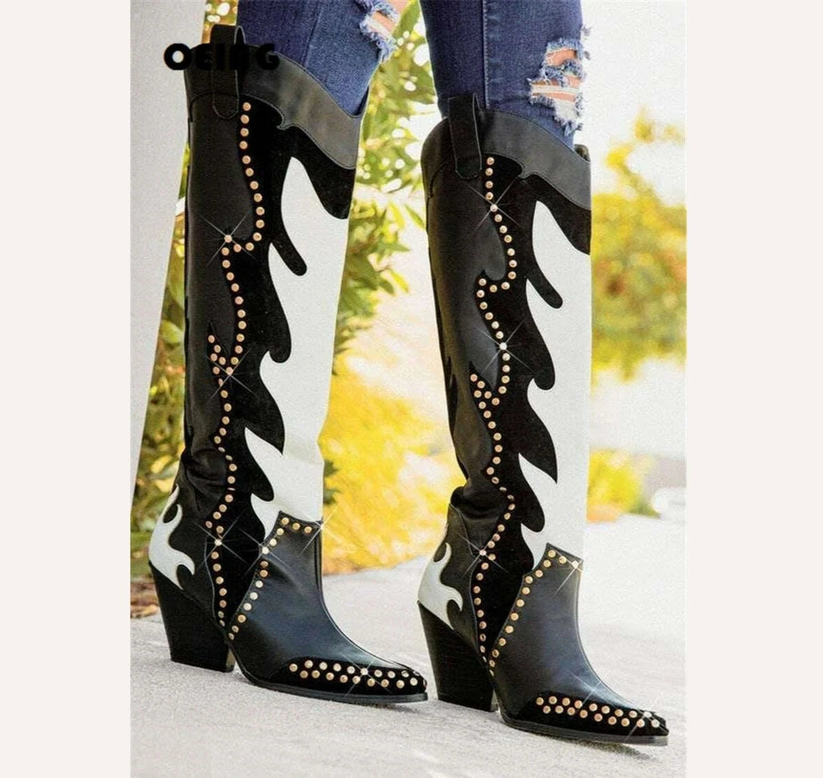 KIMLUD, Autumn Chunky Heels Studded Cowboy Boots Women Sexy Pointed Toe Knee High Boots Mixed Color Western Cowgirl Boots Botas De Mujer, KIMLUD Womens Clothes