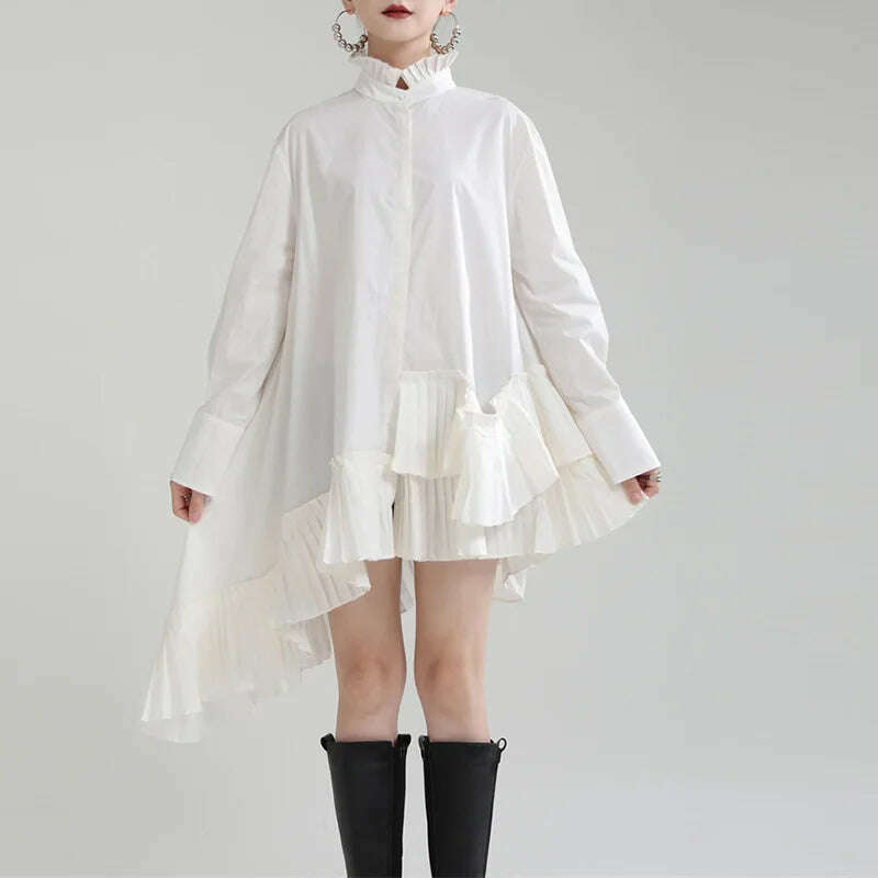 KIMLUD, Autumn clothes for women2023New product stand-up collar hem pleated French shirt skirt irregular loose large hem dress, KIMLUD Womens ClothesKIMLUD, Autumn clothes for women2023New product stand-up collar hem pleated French shirt skirt irregular loose large hem dress, WHITE / One Size, KIMLUD APPAREL - Womens Clothes