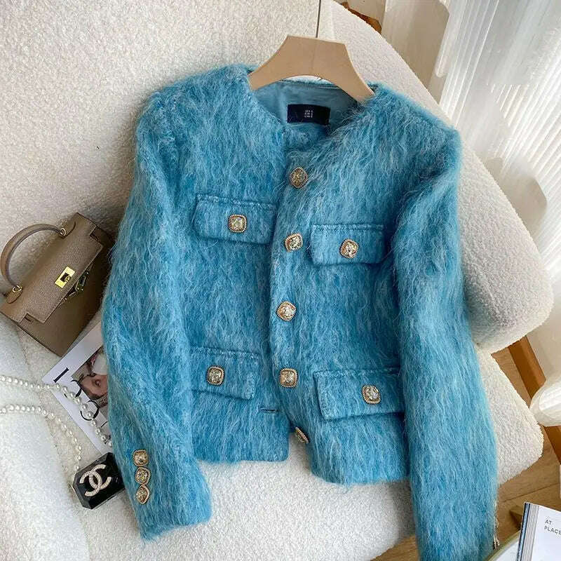 KIMLUD, Autumn Collarless Blue Faux Mohair Short Blazer for Women Elegant O Neck Business Lady Single-breasted Outerwear, KIMLUD Womens ClothesKIMLUD, Autumn Collarless Blue Faux Mohair Short Blazer for Women Elegant O Neck Business Lady Single-breasted Outerwear, Beige / S, KIMLUD APPAREL - Womens Clothes