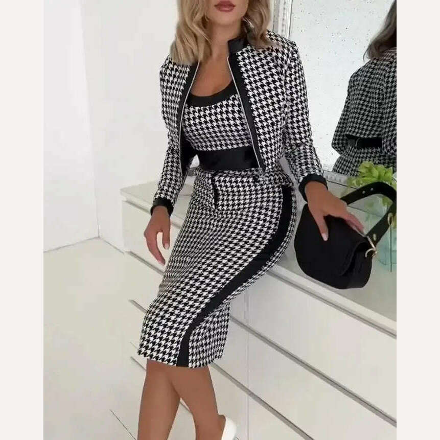 KIMLUD, Autumn Fashion Printing 3 Piece Set Women Casual Sleeveless Top Skirt Coat 3 Piece Set Women, KIMLUD Womens Clothes