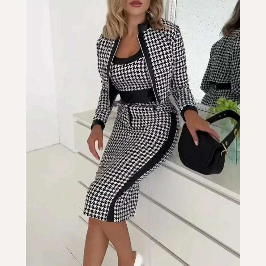 KIMLUD, Autumn Fashion Printing 3 Piece Set Women Casual Sleeveless Top Skirt Coat 3 Piece Set Women, KIMLUD Womens Clothes