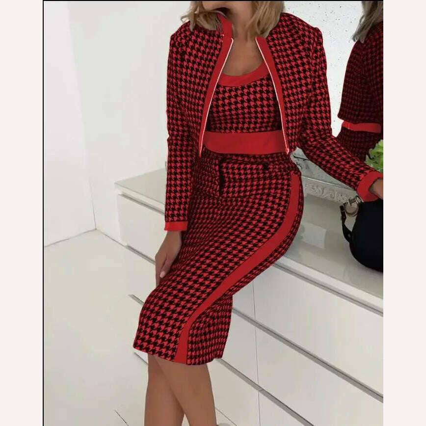 KIMLUD, Autumn Fashion Printing 3 Piece Set Women Casual Sleeveless Top Skirt Coat 3 Piece Set Women, KIMLUD Womens Clothes