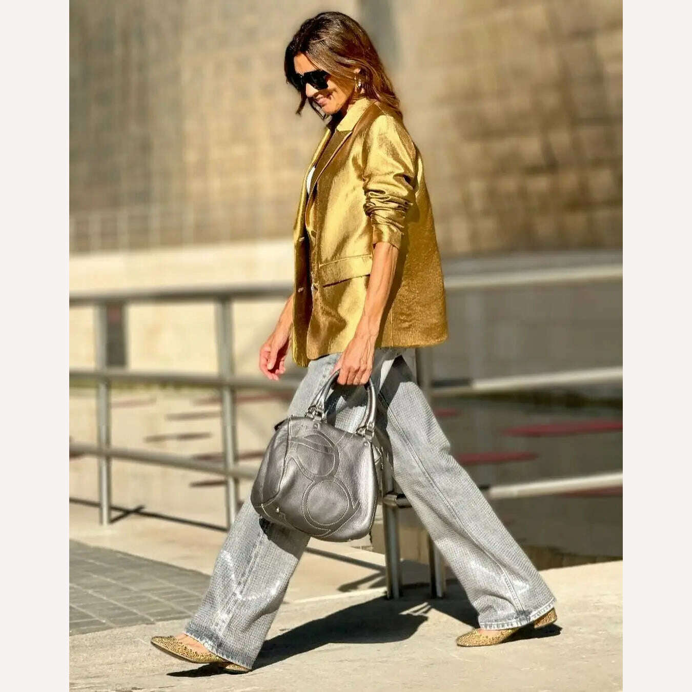 KIMLUD, Autumn Gold Color Blazer Jacket For Women Fashion Loose V Neck Long Sleeve Coat 2023 Elegant Lady Chic Party Streetwear New, KIMLUD Womens Clothes