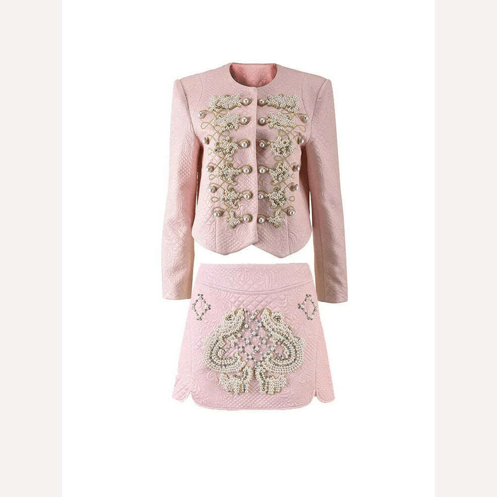 KIMLUD, Autumn Luxury Clothes Women 2023 Vintage Elegant Pink Beading Jacket and Skirt 2 Piece Sets Outfit Conjunto Deportivo Mujer, KIMLUD Women's Clothes