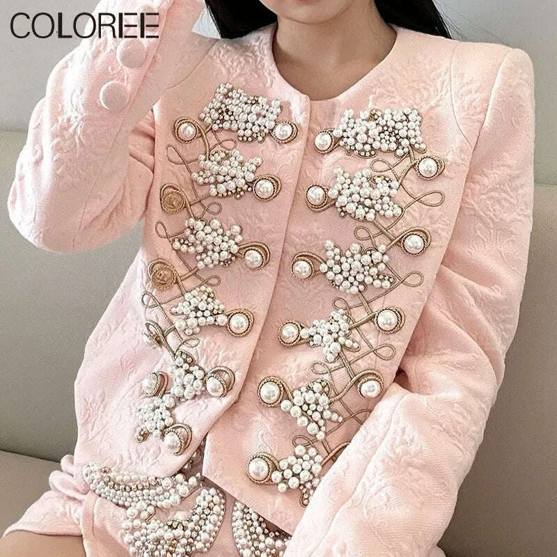 KIMLUD, Autumn Luxury Clothes Women 2023 Vintage Elegant Pink Beading Jacket and Skirt 2 Piece Sets Outfit Conjunto Deportivo Mujer, KIMLUD Womens Clothes