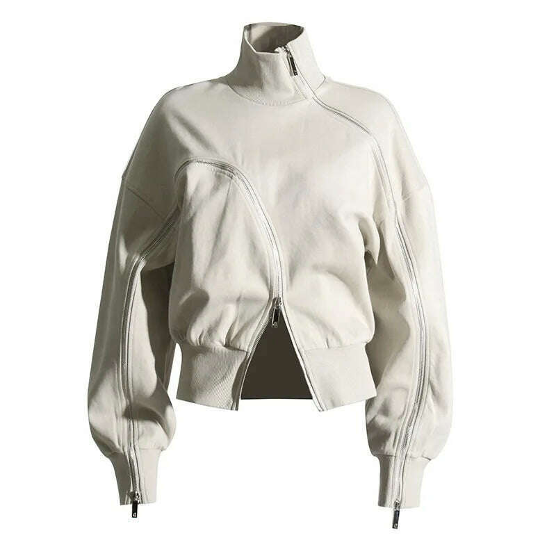 KIMLUD, Autumn New Fashion Casual Solid Color Irregular Zipper Design High Collar Sweatshirts Women's Loose Hooded Sweatshirt Top, KIMLUD Womens Clothes