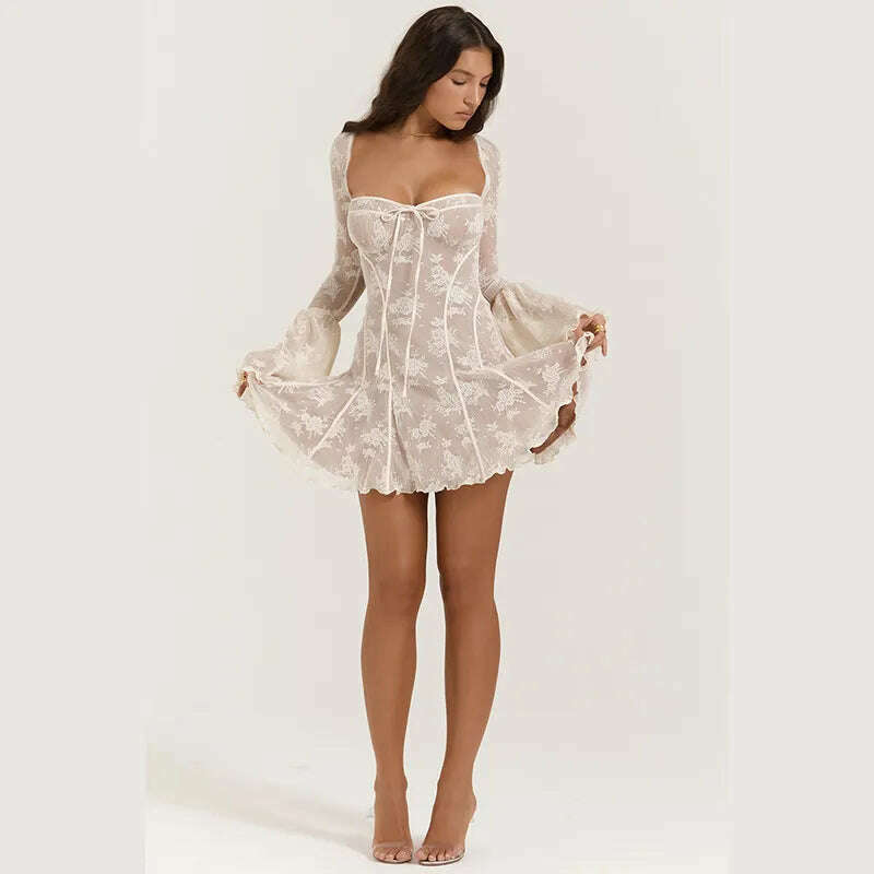 Autumn New Temperament Slim Lace Bell Sleeve Long Sleeve Short Skirt Bandage A-Line Skirt Women's Dress - KIMLUD