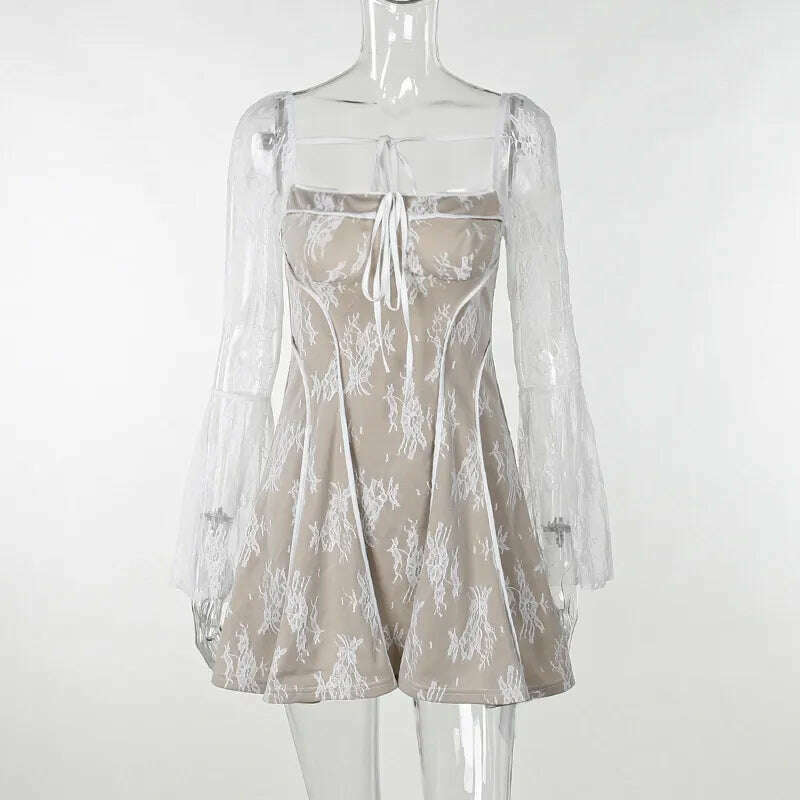 Autumn New Temperament Slim Lace Bell Sleeve Long Sleeve Short Skirt Bandage A-Line Skirt Women's Dress - KIMLUD