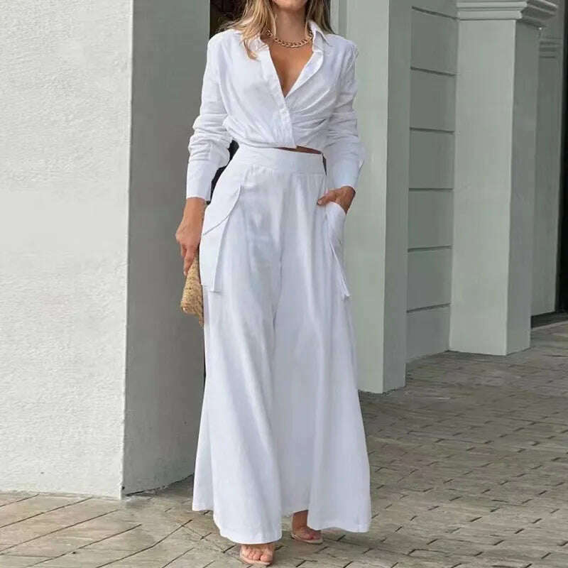 KIMLUD, Autumn New Women's Sets Casual Solid Color Long Sleeves Shirts High Waist Wide-leg Pants Two-piece Sets Commute Elegant Clothing, Whiite / S, KIMLUD Womens Clothes