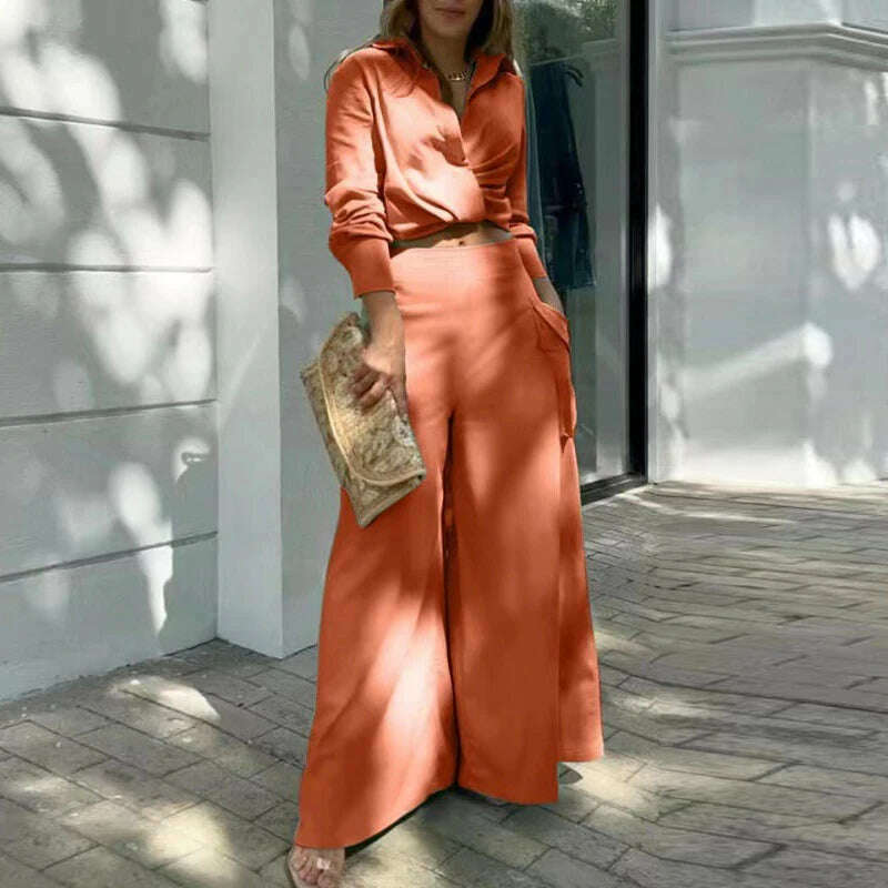 KIMLUD, Autumn New Women's Sets Casual Solid Color Long Sleeves Shirts High Waist Wide-leg Pants Two-piece Sets Commute Elegant Clothing, Orange / S, KIMLUD Womens Clothes