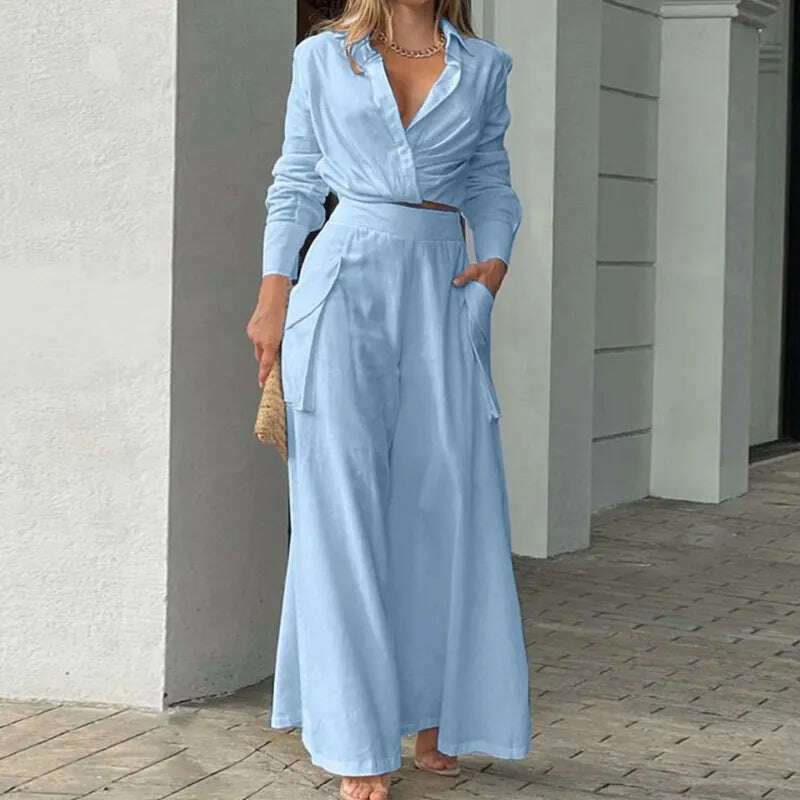 KIMLUD, Autumn New Women's Sets Casual Solid Color Long Sleeves Shirts High Waist Wide-leg Pants Two-piece Sets Commute Elegant Clothing, Light Blue / S, KIMLUD Womens Clothes