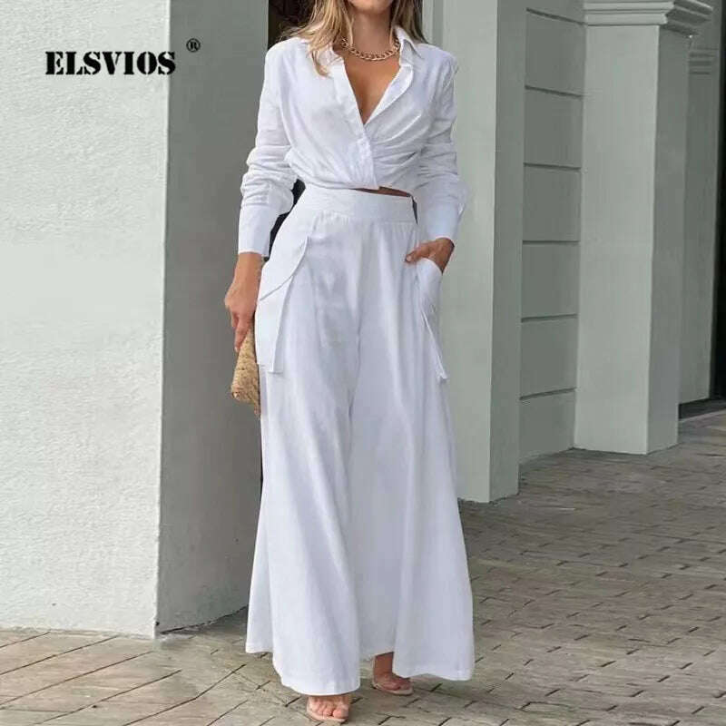 KIMLUD, Autumn New Women's Sets Casual Solid Color Long Sleeves Shirts High Waist Wide-leg Pants Two-piece Sets Commute Elegant Clothing, KIMLUD Womens Clothes