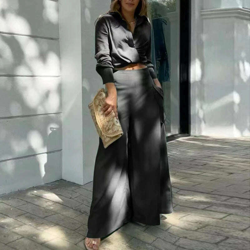 KIMLUD, Autumn New Women's Sets Casual Solid Color Long Sleeves Shirts High Waist Wide-leg Pants Two-piece Sets Commute Elegant Clothing, KIMLUD Womens Clothes