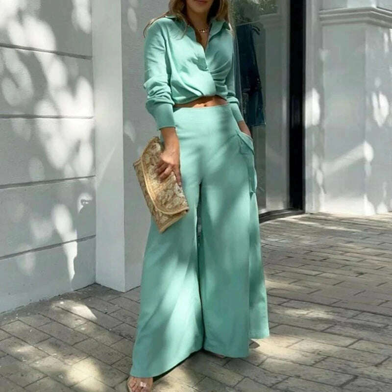 KIMLUD, Autumn New Women's Sets Casual Solid Color Long Sleeves Shirts High Waist Wide-leg Pants Two-piece Sets Commute Elegant Clothing, KIMLUD Womens Clothes