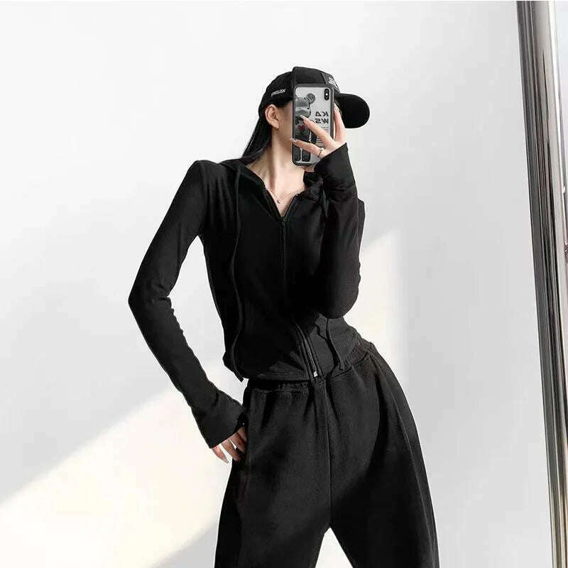 Autumn Solid Cardigan Hoodies Zipper Tops Women Korean Spring Slim Long Sleeve Hooded Short Coat Y2k Vintage Student Sweatshirt - KIMLUD