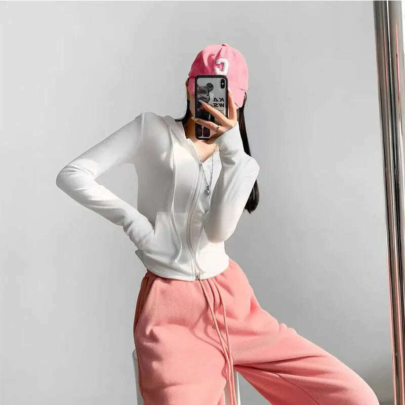 Autumn Solid Cardigan Hoodies Zipper Tops Women Korean Spring Slim Long Sleeve Hooded Short Coat Y2k Vintage Student Sweatshirt - KIMLUD