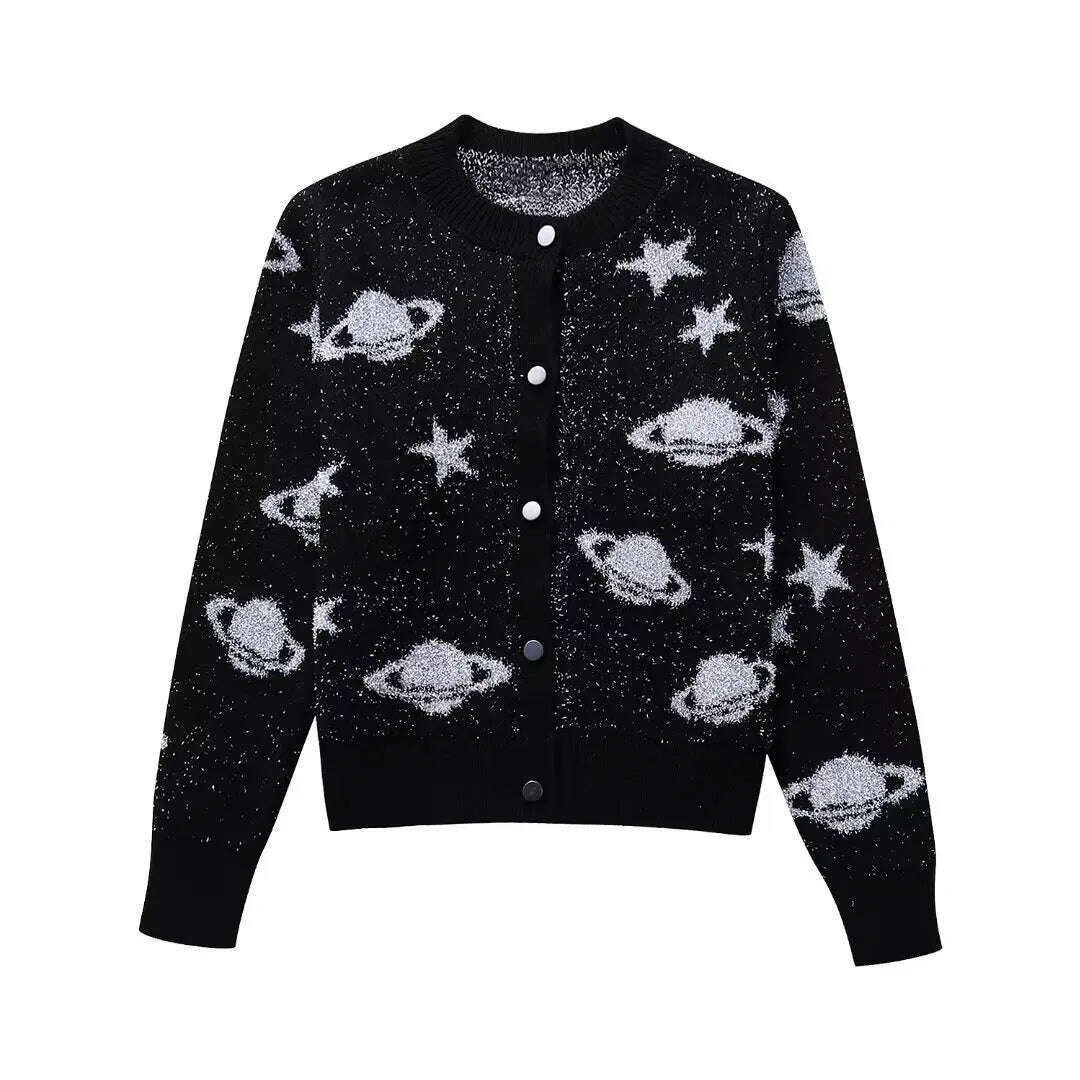 KIMLUD, Autumn Star Metal Silk Embroidered Knitted Cardigan Women Fashion O Neck Long Sleeve Sweater Coat Elegant Office Lady Knitwear, CYE1419-BK / S, KIMLUD Womens Clothes