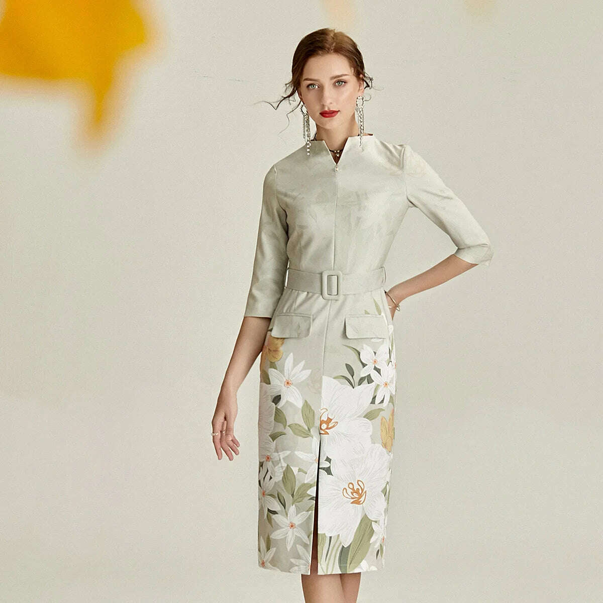Autumn Straight Dress Office Lady Jacquard Pencil Dresses Three Quarter Party Evening Clothing Floral Dress Vintage - KIMLUD