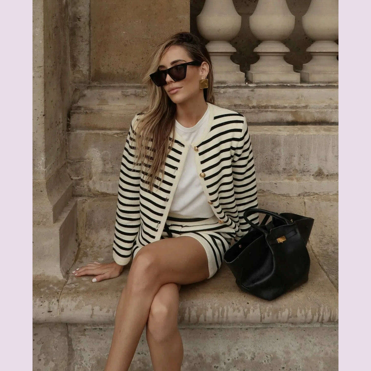 KIMLUD, Autumn Striped Single Breasted Knit Tops Shorts Women Sets Elegant Cardigan Sweater Two Piece Sets Womens Outifits Streetwear, KIMLUD Womens Clothes