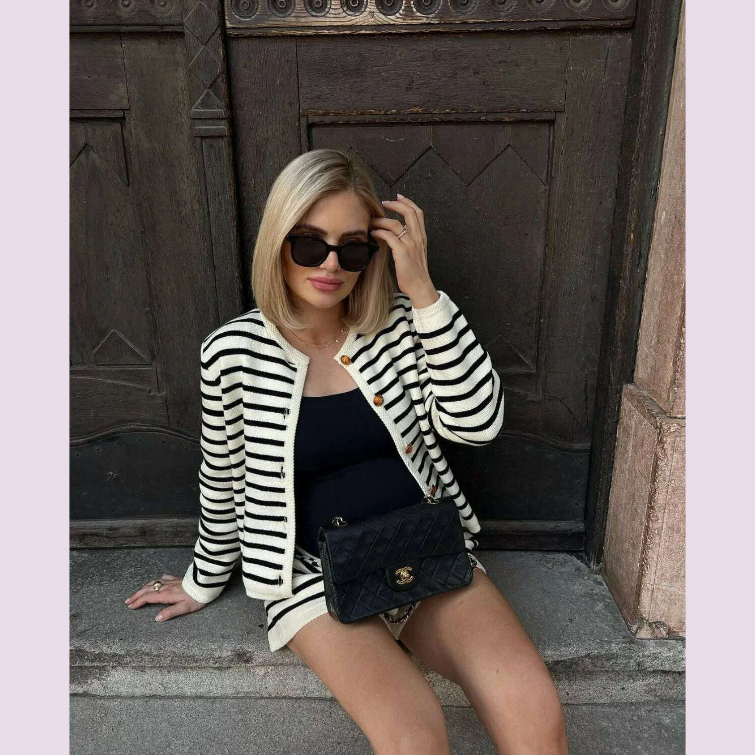 KIMLUD, Autumn Striped Single Breasted Knit Tops Shorts Women Sets Elegant Cardigan Sweater Two Piece Sets Womens Outifits Streetwear, KIMLUD Womens Clothes