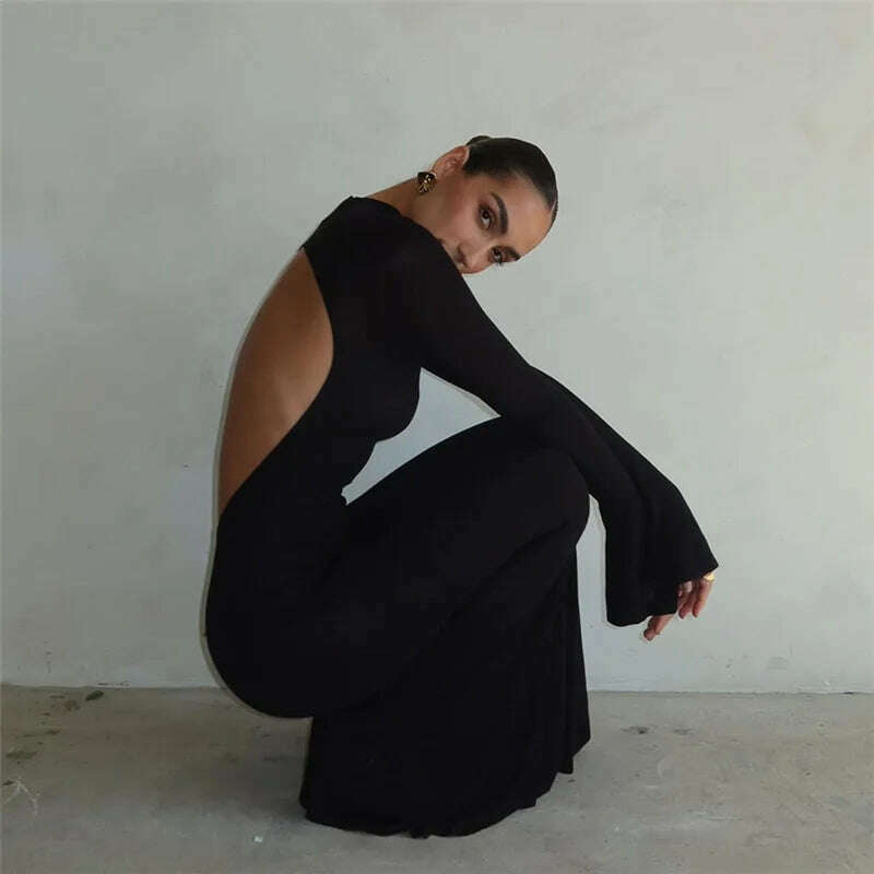 KIMLUD, Autumn Winter Backless Sexy Party Club Black Bodycon Maxi Dresses Outfits for Women Long Sleeve Y2K Dress Vestido Streetwear New, KIMLUD Womens Clothes