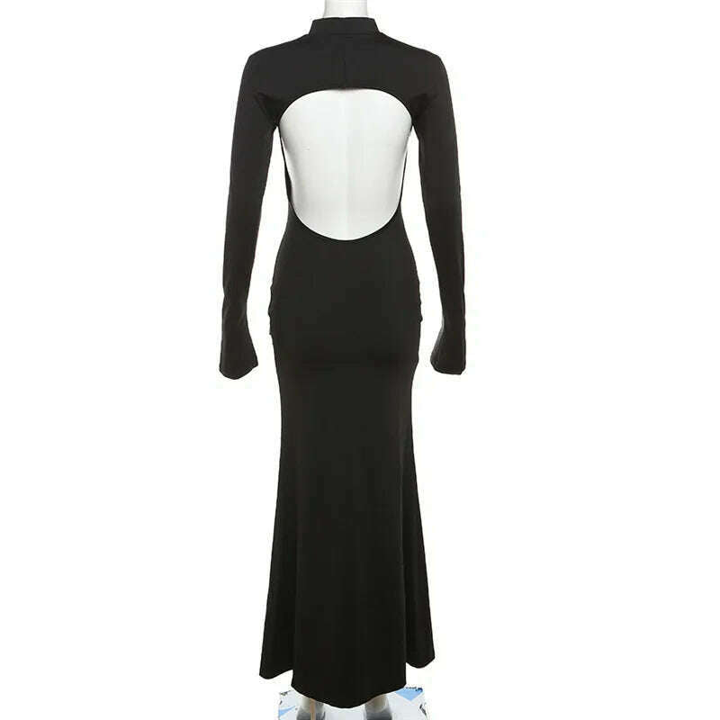 KIMLUD, Autumn Winter Backless Sexy Party Club Black Bodycon Maxi Dresses Outfits for Women Long Sleeve Y2K Dress Vestido Streetwear New, KIMLUD Womens Clothes