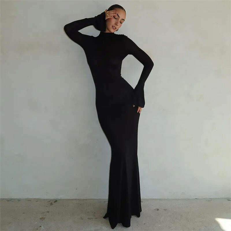 KIMLUD, Autumn Winter Backless Sexy Party Club Black Bodycon Maxi Dresses Outfits for Women Long Sleeve Y2K Dress Vestido Streetwear New, KIMLUD Womens Clothes