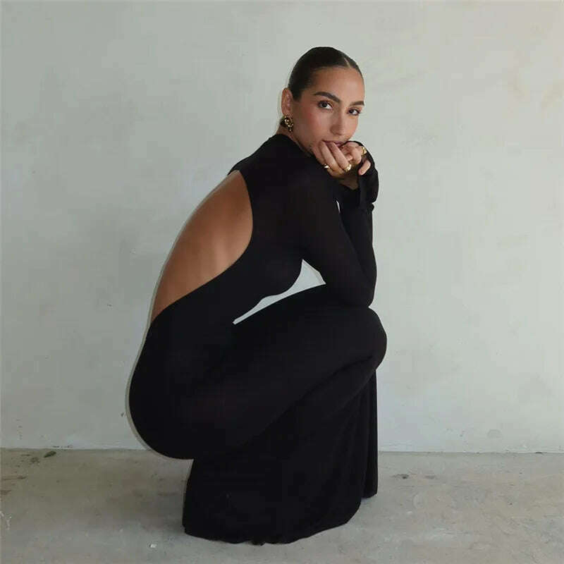 KIMLUD, Autumn Winter Backless Sexy Party Club Black Bodycon Maxi Dresses Outfits for Women Long Sleeve Y2K Dress Vestido Streetwear New, KIMLUD Womens Clothes