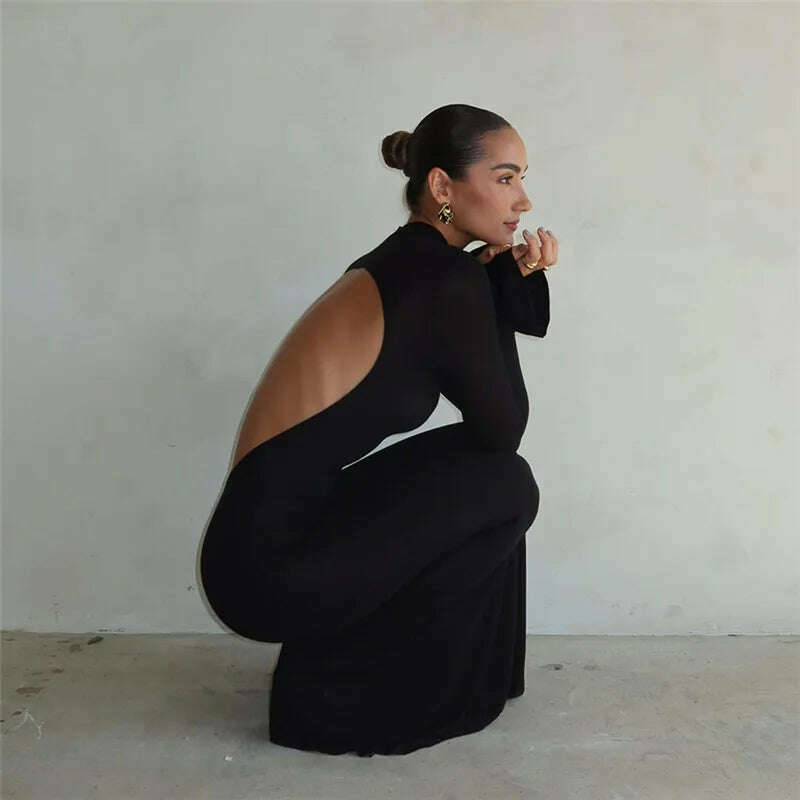 KIMLUD, Autumn Winter Backless Sexy Party Club Black Bodycon Maxi Dresses Outfits for Women Long Sleeve Y2K Dress Vestido Streetwear New, KIMLUD Womens Clothes