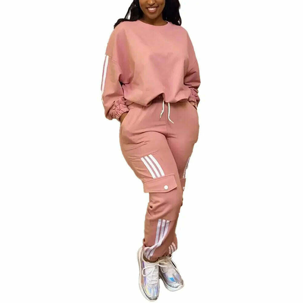KIMLUD, Autumn Winter Casual Sport 2 Piece Set Women Solid Loose Fit Two Piece Outfit T Shirt Tops Jogger Pants Suit Women Tracksuit Set, Pink(AE存量)****** / S, KIMLUD Womens Clothes
