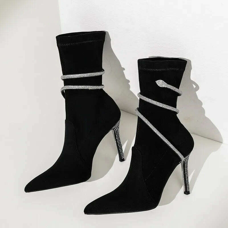 Autumn Winter Fashion Faux Suede Snake Coiled Women Boots Luxury Crystal Stiletto High heels Ankle Boots Shoes Botas Mujer - KIMLUD