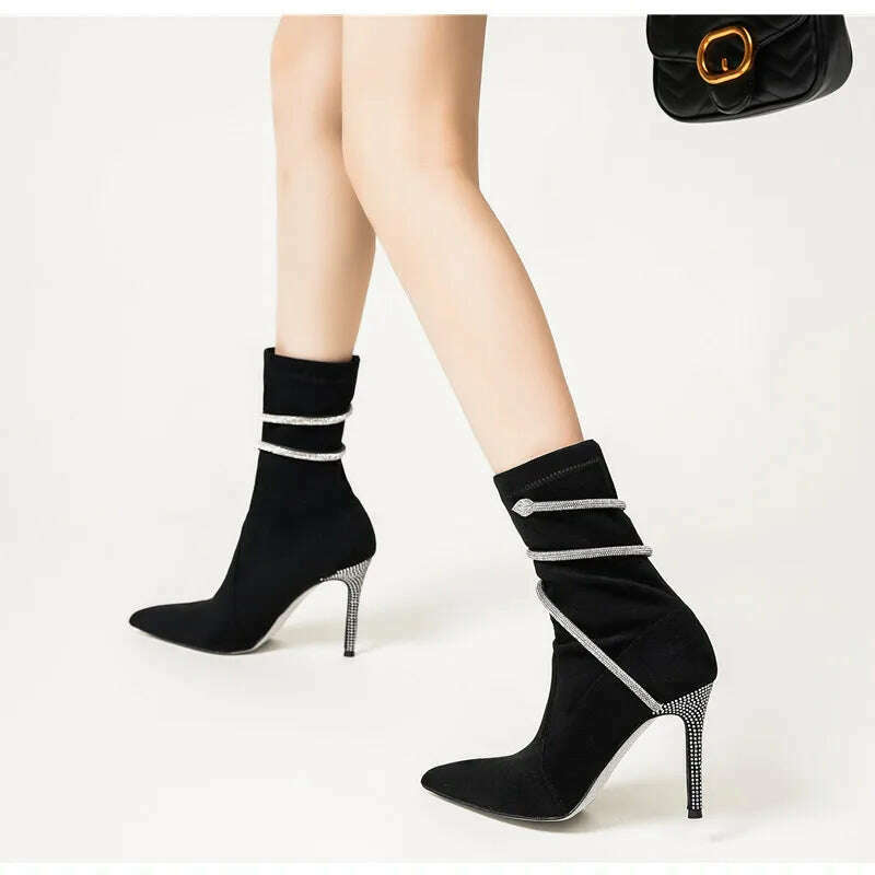 Autumn Winter Fashion Faux Suede Snake Coiled Women Boots Luxury Crystal Stiletto High heels Ankle Boots Shoes Botas Mujer - KIMLUD