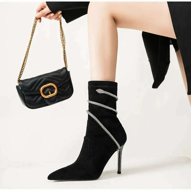 Autumn Winter Fashion Faux Suede Snake Coiled Women Boots Luxury Crystal Stiletto High heels Ankle Boots Shoes Botas Mujer - KIMLUD