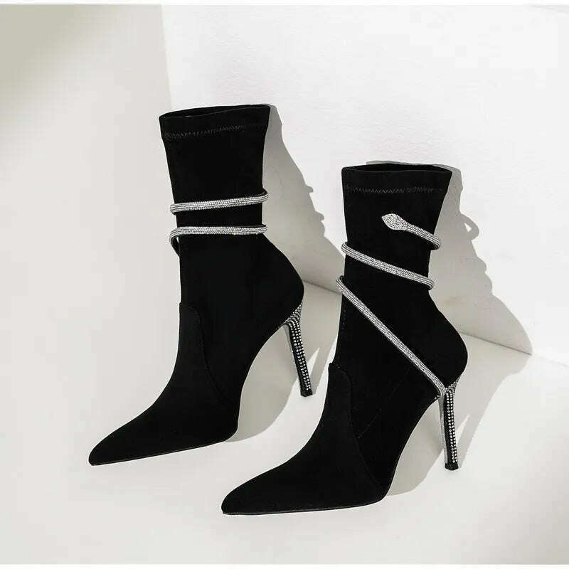 Autumn Winter Fashion Faux Suede Snake Coiled Women Boots Luxury Crystal Stiletto High heels Ankle Boots Shoes Botas Mujer - KIMLUD