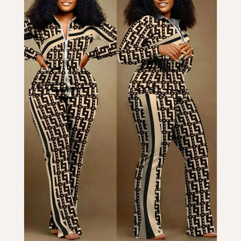 KIMLUD, Autumn Winter Fashion Print Two Piece Set Women Casual Sports Style Zipper Top Sweatpants Two Piece Set Women, KIMLUD Womens Clothes