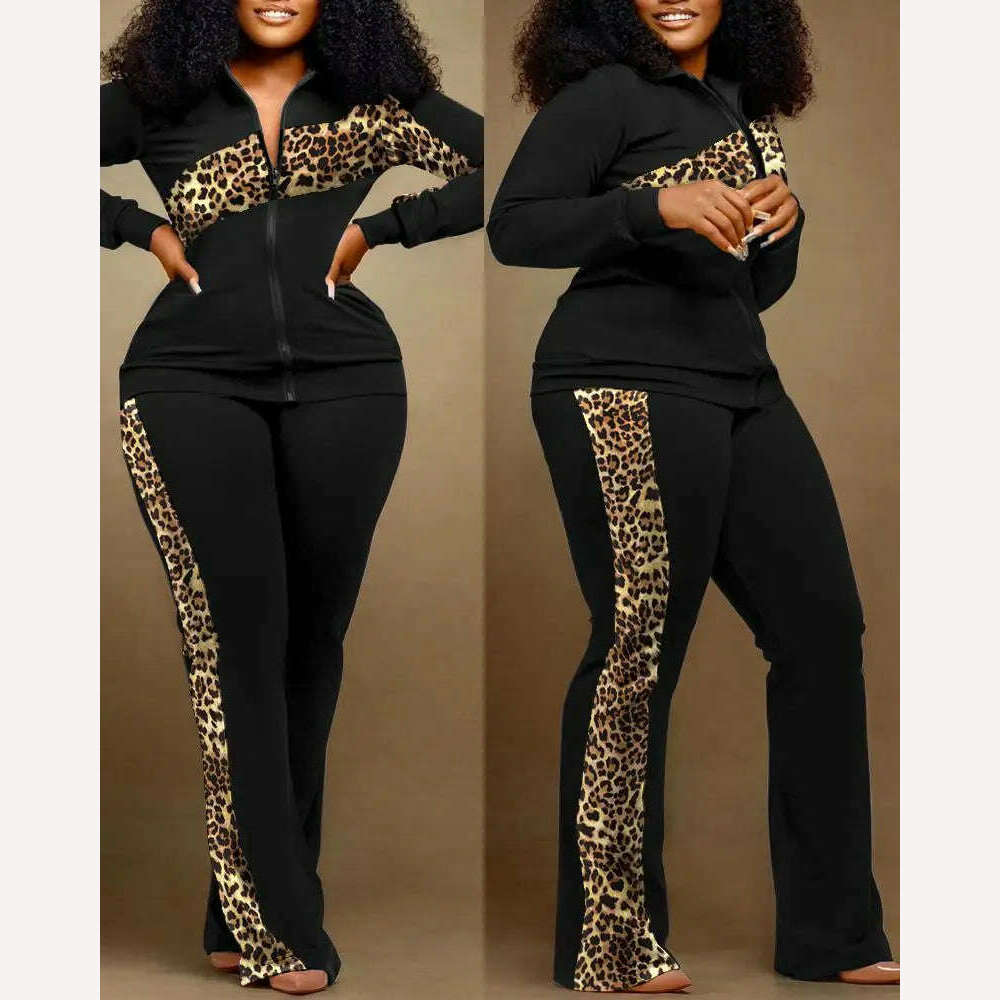 KIMLUD, Autumn Winter Fashion Print Two Piece Set Women Casual Sports Style Zipper Top Sweatpants Two Piece Set Women, KIMLUD Womens Clothes