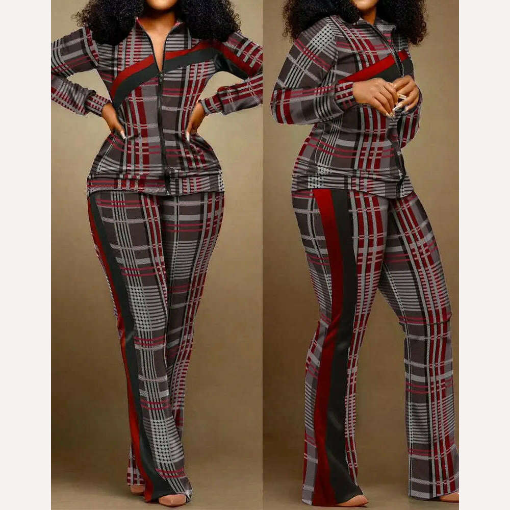 KIMLUD, Autumn Winter Fashion Print Two Piece Set Women Casual Sports Style Zipper Top Sweatpants Two Piece Set Women, KIMLUD Womens Clothes